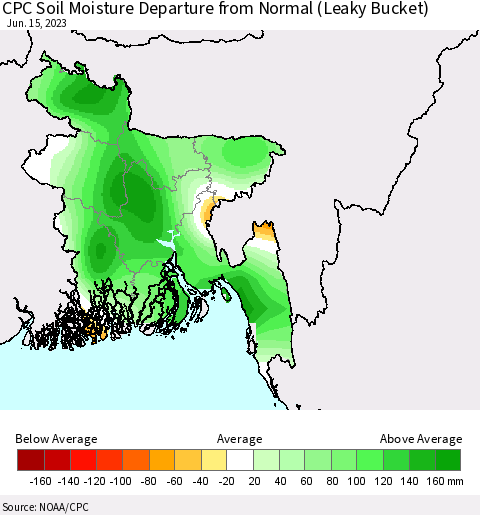 Bangladesh CPC Soil Moisture Departure from Normal (Leaky Bucket) Thematic Map For 6/11/2023 - 6/15/2023