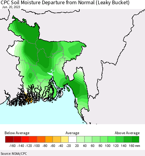 Bangladesh CPC Soil Moisture Departure from Normal (Leaky Bucket) Thematic Map For 6/16/2023 - 6/20/2023