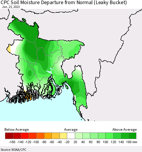 Bangladesh CPC Soil Moisture Departure from Normal (Leaky Bucket) Thematic Map For 6/21/2023 - 6/25/2023