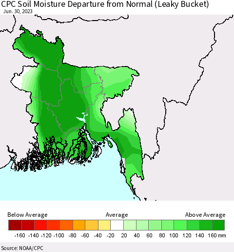 Bangladesh CPC Soil Moisture Departure from Normal (Leaky Bucket) Thematic Map For 6/26/2023 - 6/30/2023