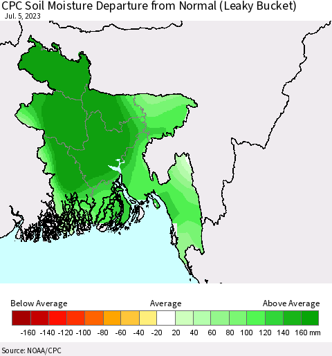 Bangladesh CPC Soil Moisture Departure from Normal (Leaky Bucket) Thematic Map For 7/1/2023 - 7/5/2023
