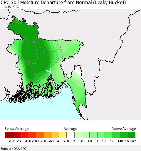 Bangladesh CPC Soil Moisture Departure from Normal (Leaky Bucket) Thematic Map For 7/11/2023 - 7/15/2023