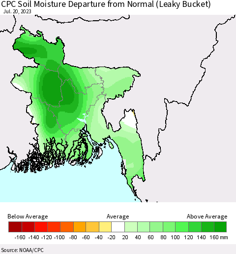 Bangladesh CPC Soil Moisture Departure from Normal (Leaky Bucket) Thematic Map For 7/16/2023 - 7/20/2023
