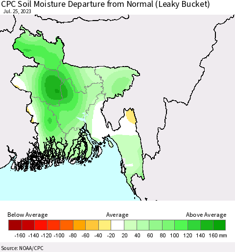 Bangladesh CPC Soil Moisture Departure from Normal (Leaky Bucket) Thematic Map For 7/21/2023 - 7/25/2023