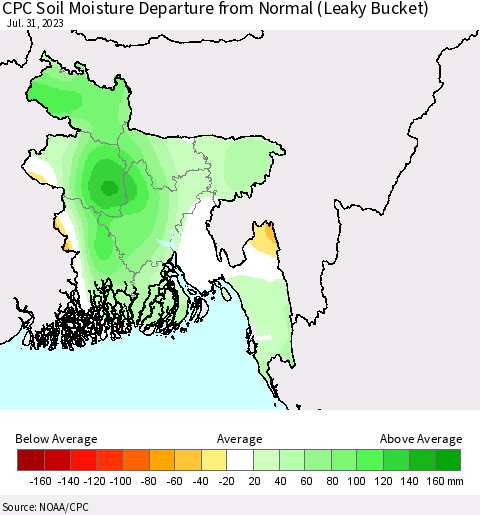 Bangladesh CPC Soil Moisture Departure from Normal (Leaky Bucket) Thematic Map For 7/26/2023 - 7/31/2023