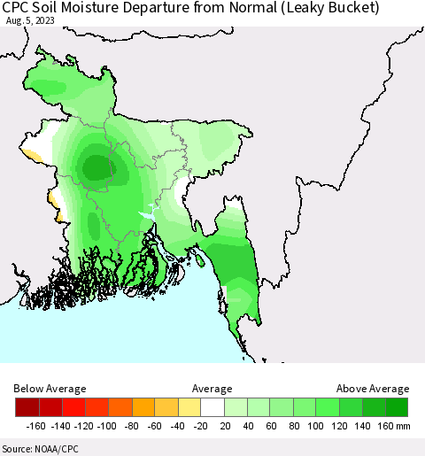 Bangladesh CPC Soil Moisture Departure from Normal (Leaky Bucket) Thematic Map For 8/1/2023 - 8/5/2023