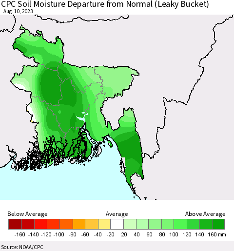 Bangladesh CPC Soil Moisture Departure from Normal (Leaky Bucket) Thematic Map For 8/6/2023 - 8/10/2023