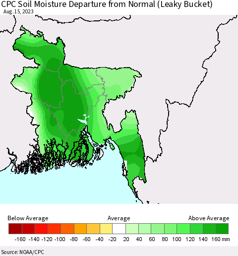 Bangladesh CPC Soil Moisture Departure from Normal (Leaky Bucket) Thematic Map For 8/11/2023 - 8/15/2023