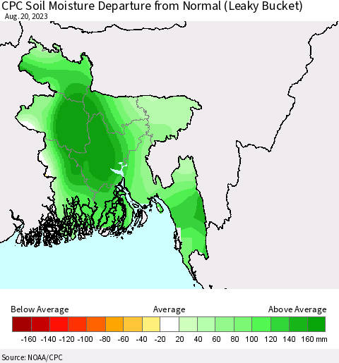 Bangladesh CPC Soil Moisture Departure from Normal (Leaky Bucket) Thematic Map For 8/16/2023 - 8/20/2023