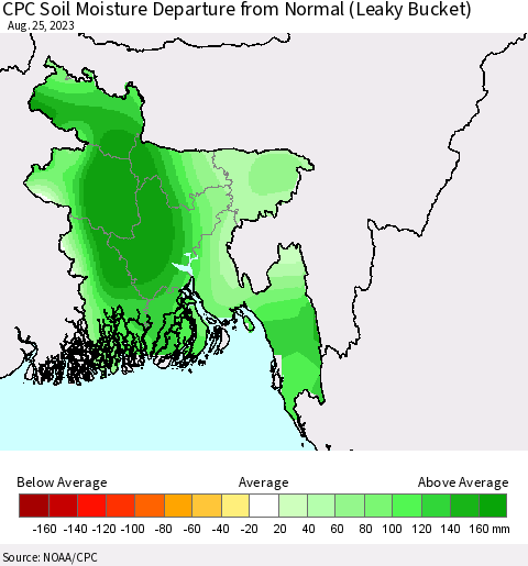Bangladesh CPC Soil Moisture Departure from Normal (Leaky Bucket) Thematic Map For 8/21/2023 - 8/25/2023