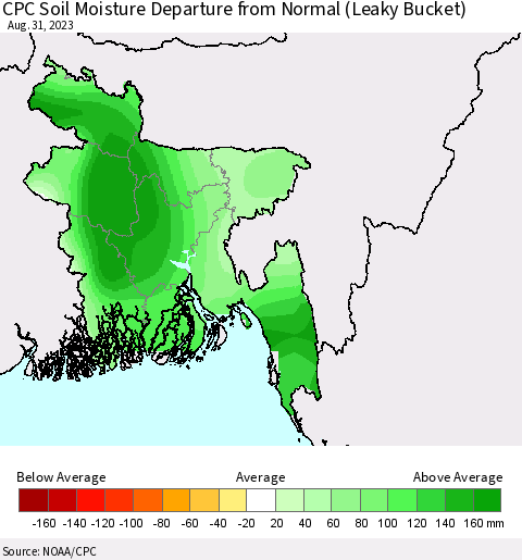 Bangladesh CPC Soil Moisture Departure from Normal (Leaky Bucket) Thematic Map For 8/26/2023 - 8/31/2023