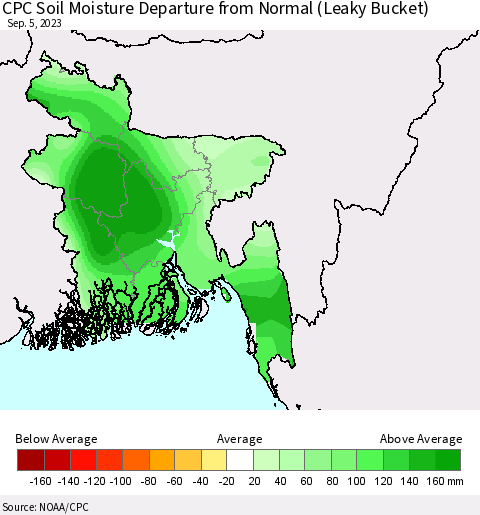Bangladesh CPC Soil Moisture Departure from Normal (Leaky Bucket) Thematic Map For 9/1/2023 - 9/5/2023