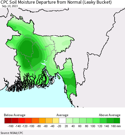 Bangladesh CPC Soil Moisture Departure from Normal (Leaky Bucket) Thematic Map For 9/6/2023 - 9/10/2023