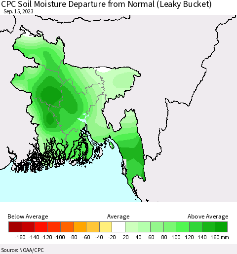 Bangladesh CPC Soil Moisture Departure from Normal (Leaky Bucket) Thematic Map For 9/11/2023 - 9/15/2023
