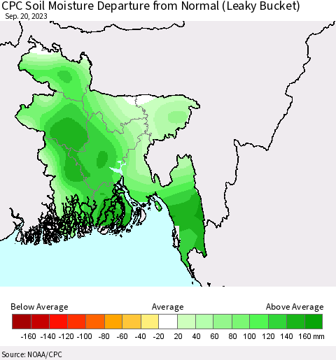 Bangladesh CPC Soil Moisture Departure from Normal (Leaky Bucket) Thematic Map For 9/16/2023 - 9/20/2023