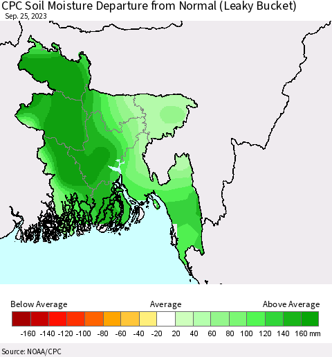 Bangladesh CPC Soil Moisture Departure from Normal (Leaky Bucket) Thematic Map For 9/21/2023 - 9/25/2023