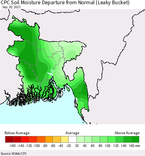 Bangladesh CPC Soil Moisture Departure from Normal (Leaky Bucket) Thematic Map For 9/26/2023 - 9/30/2023
