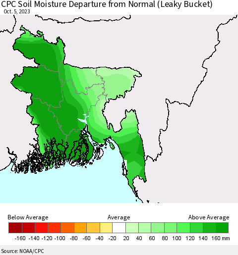 Bangladesh CPC Soil Moisture Departure from Normal (Leaky Bucket) Thematic Map For 10/1/2023 - 10/5/2023