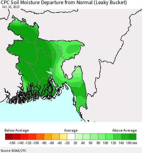 Bangladesh CPC Soil Moisture Departure from Normal (Leaky Bucket) Thematic Map For 10/6/2023 - 10/10/2023