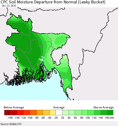 Bangladesh CPC Soil Moisture Departure from Normal (Leaky Bucket) Thematic Map For 10/11/2023 - 10/15/2023