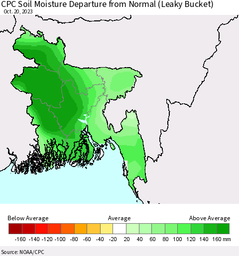 Bangladesh CPC Soil Moisture Departure from Normal (Leaky Bucket) Thematic Map For 10/16/2023 - 10/20/2023