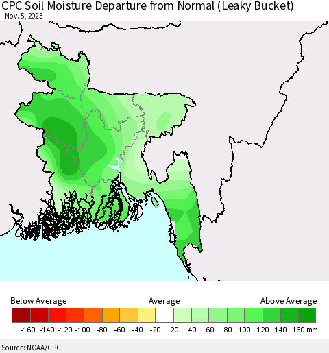 Bangladesh CPC Soil Moisture Departure from Normal (Leaky Bucket) Thematic Map For 11/1/2023 - 11/5/2023