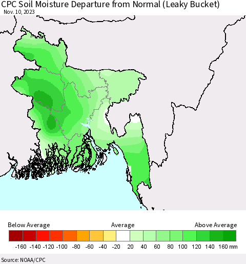 Bangladesh CPC Soil Moisture Departure from Normal (Leaky Bucket) Thematic Map For 11/6/2023 - 11/10/2023