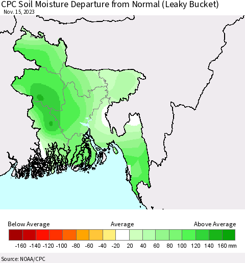 Bangladesh CPC Soil Moisture Departure from Normal (Leaky Bucket) Thematic Map For 11/11/2023 - 11/15/2023