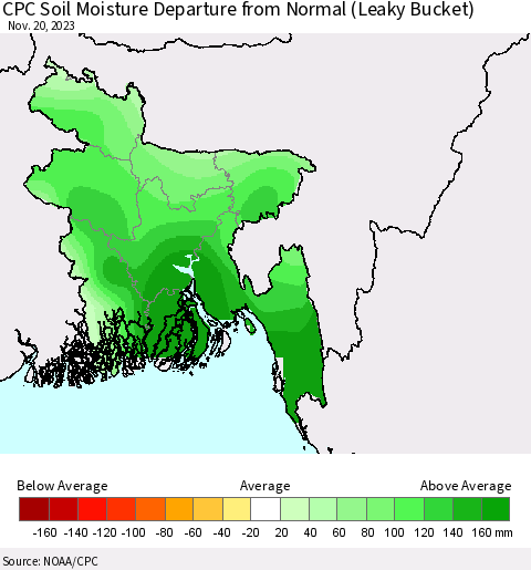 Bangladesh CPC Soil Moisture Departure from Normal (Leaky Bucket) Thematic Map For 11/16/2023 - 11/20/2023