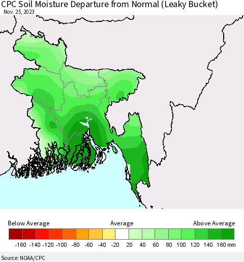 Bangladesh CPC Soil Moisture Departure from Normal (Leaky Bucket) Thematic Map For 11/21/2023 - 11/25/2023