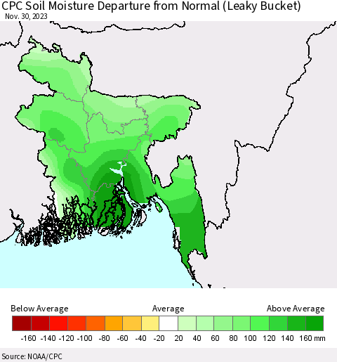 Bangladesh CPC Soil Moisture Departure from Normal (Leaky Bucket) Thematic Map For 11/26/2023 - 11/30/2023