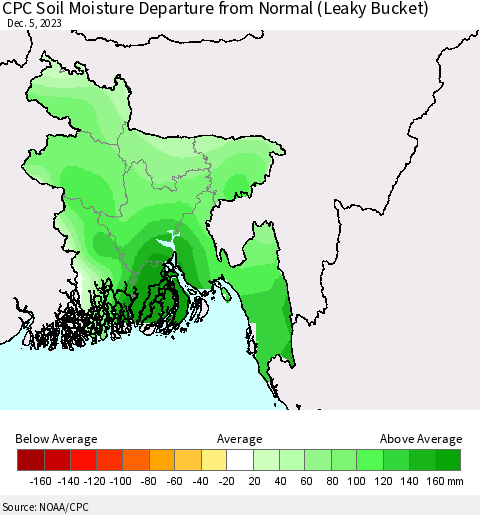 Bangladesh CPC Soil Moisture Departure from Normal (Leaky Bucket) Thematic Map For 12/1/2023 - 12/5/2023