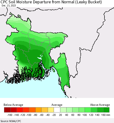 Bangladesh CPC Soil Moisture Departure from Normal (Leaky Bucket) Thematic Map For 12/11/2023 - 12/15/2023