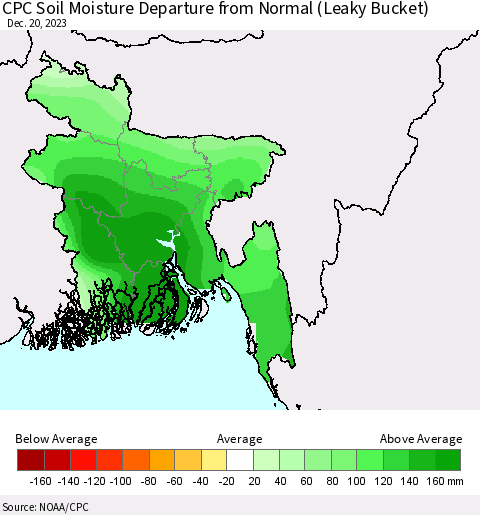 Bangladesh CPC Soil Moisture Departure from Normal (Leaky Bucket) Thematic Map For 12/16/2023 - 12/20/2023