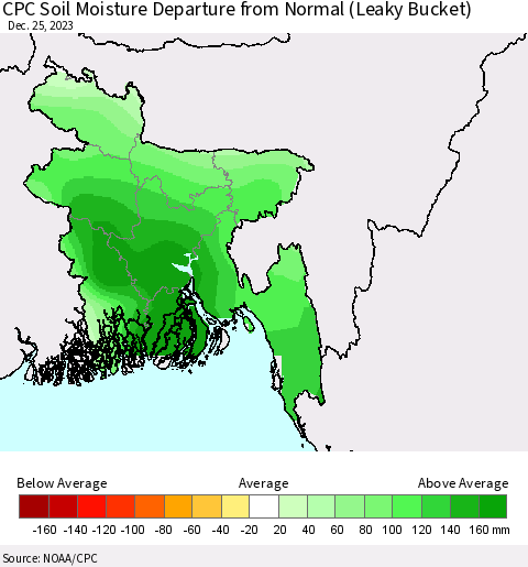 Bangladesh CPC Soil Moisture Departure from Normal (Leaky Bucket) Thematic Map For 12/21/2023 - 12/25/2023