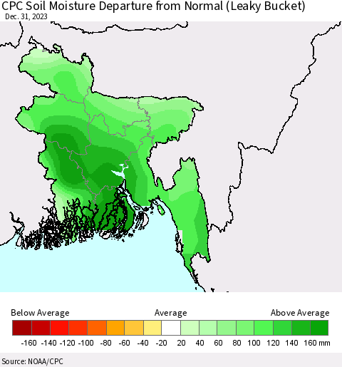 Bangladesh CPC Soil Moisture Departure from Normal (Leaky Bucket) Thematic Map For 12/26/2023 - 12/31/2023