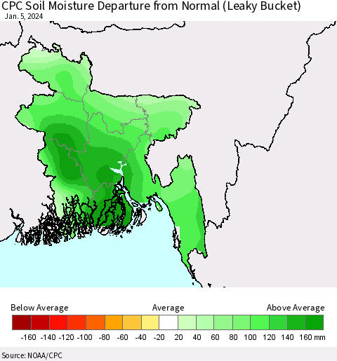Bangladesh CPC Soil Moisture Departure from Normal (Leaky Bucket) Thematic Map For 1/1/2024 - 1/5/2024