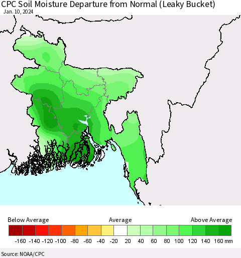 Bangladesh CPC Soil Moisture Departure from Normal (Leaky Bucket) Thematic Map For 1/6/2024 - 1/10/2024