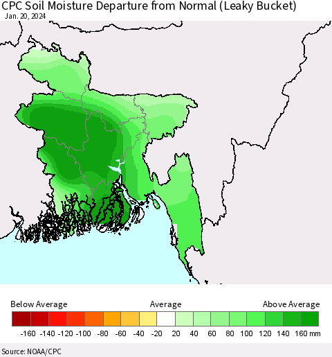 Bangladesh CPC Soil Moisture Departure from Normal (Leaky Bucket) Thematic Map For 1/16/2024 - 1/20/2024