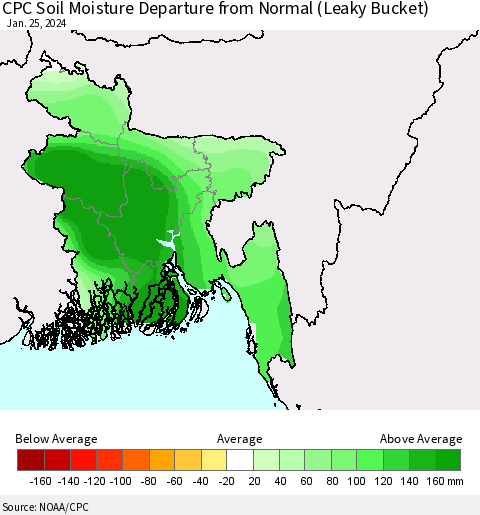 Bangladesh CPC Soil Moisture Departure from Normal (Leaky Bucket) Thematic Map For 1/21/2024 - 1/25/2024