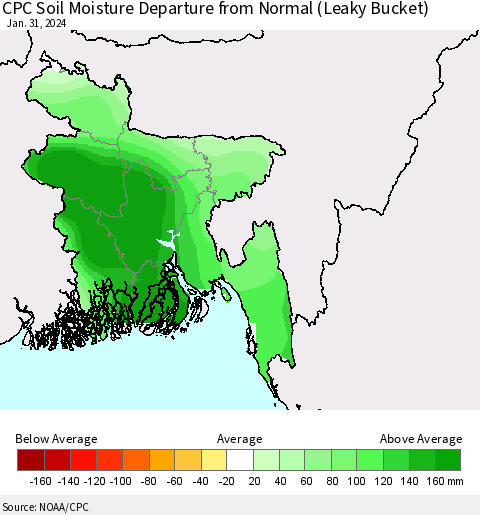 Bangladesh CPC Soil Moisture Departure from Normal (Leaky Bucket) Thematic Map For 1/26/2024 - 1/31/2024