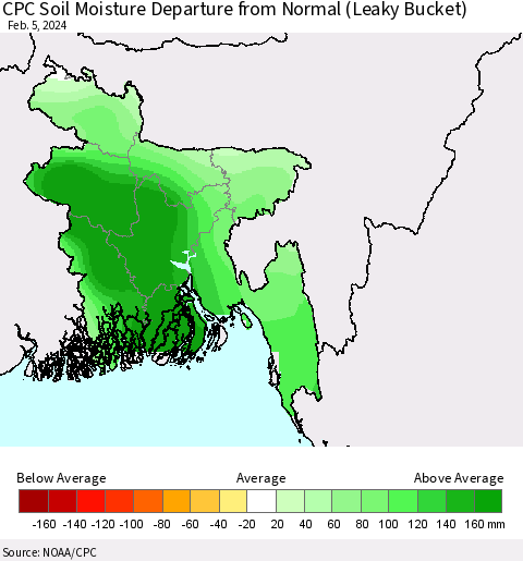 Bangladesh CPC Soil Moisture Departure from Normal (Leaky Bucket) Thematic Map For 2/1/2024 - 2/5/2024