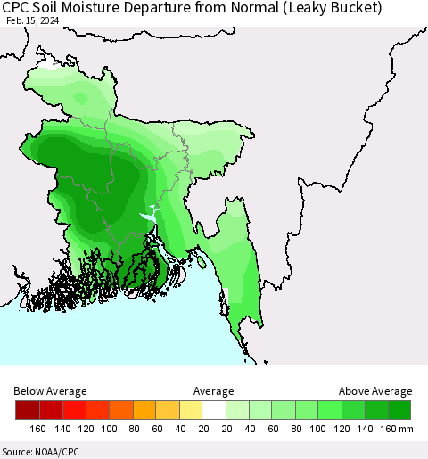 Bangladesh CPC Soil Moisture Departure from Normal (Leaky Bucket) Thematic Map For 2/11/2024 - 2/15/2024