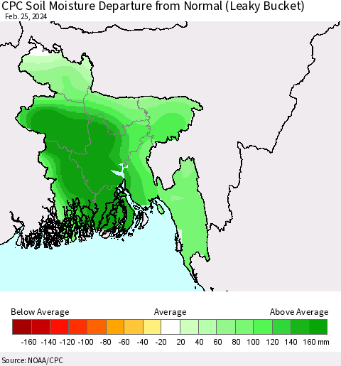 Bangladesh CPC Soil Moisture Departure from Normal (Leaky Bucket) Thematic Map For 2/21/2024 - 2/25/2024