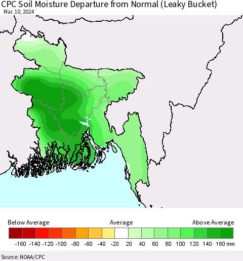 Bangladesh CPC Soil Moisture Departure from Normal (Leaky Bucket) Thematic Map For 3/6/2024 - 3/10/2024