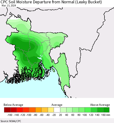 Bangladesh CPC Soil Moisture Departure from Normal (Leaky Bucket) Thematic Map For 3/11/2024 - 3/15/2024
