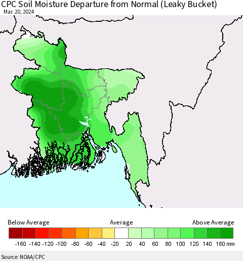 Bangladesh CPC Soil Moisture Departure from Normal (Leaky Bucket) Thematic Map For 3/16/2024 - 3/20/2024