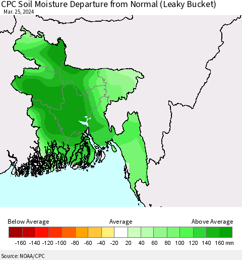 Bangladesh CPC Soil Moisture Departure from Normal (Leaky Bucket) Thematic Map For 3/21/2024 - 3/25/2024