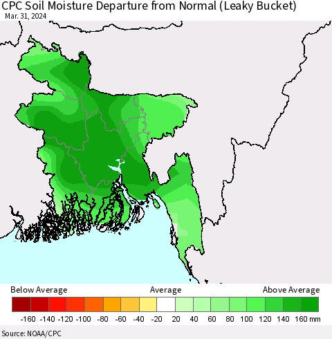 Bangladesh CPC Soil Moisture Departure from Normal (Leaky Bucket) Thematic Map For 3/26/2024 - 3/31/2024