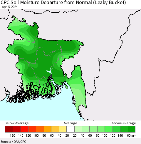 Bangladesh CPC Soil Moisture Departure from Normal (Leaky Bucket) Thematic Map For 4/1/2024 - 4/5/2024